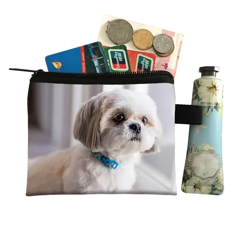 Kawaii Shih Tzu Dog / Bichon Frise Print Coin Purse Women Coin Bags Earphone ID Credit Card Key Bag Holder Small Wallets Gift