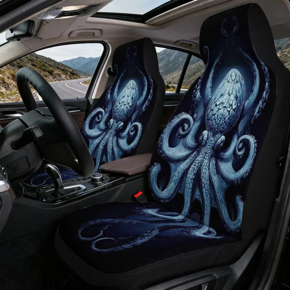 2pcs Blue Octopus Art Pattern Car Seat Covers | Comfortable, Washable Polyester, Universal Fit For Cars, SUVs, And Trucks, Ideal