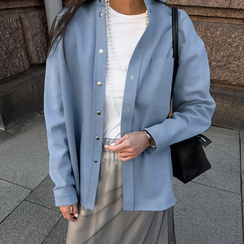 Womens Blue Cotton Lapel Collar Long Sleeve Slouchy Casual Jacket Coat Outerwear Spring Fall 2026 New Trendy Elegant Classy Chic