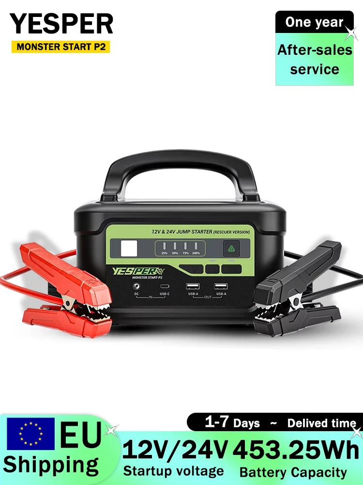 YESPER MONSTER START P2 – przenośny zestaw do awaryjnego uruchamiania silnika (12 V/24 V, 453,25 Wh, 122500 mAh) – wyposażony w lampę LED z trzema trybami świecenia; przeznaczony do samochodów — 2
