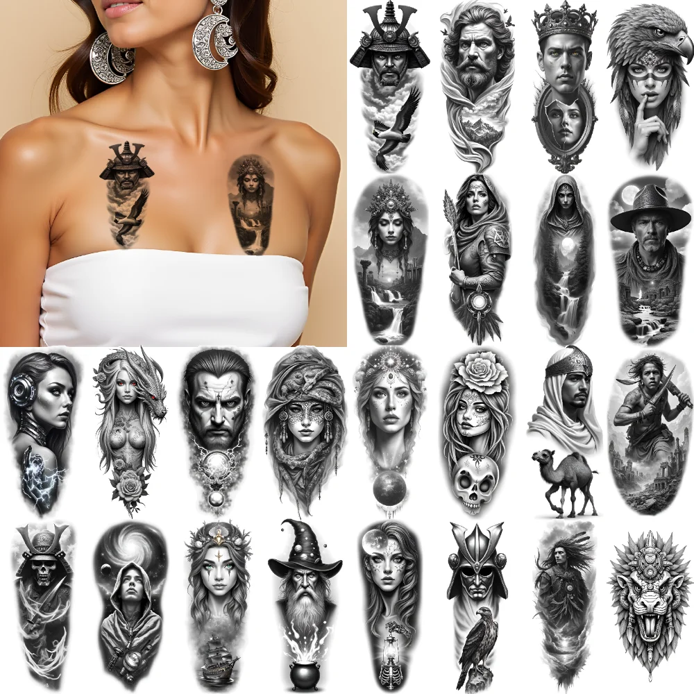 

12 шт., временная татуировка с головой волка, водонепроницаемые долговечные наклейки для тела, женские наклейки с короной, черепом и розами для рук, взрослых