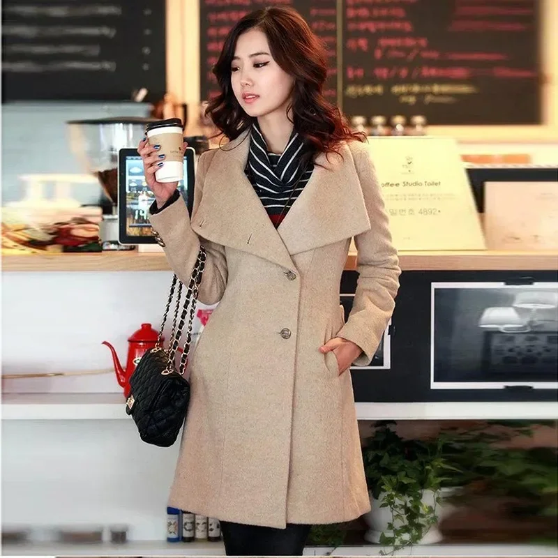 Women 2024 New Fashion Lapel Wool Coat Ladies Autumn Winter Manteau Femme Overcoat Cotton Mixing High Quality Long Slim Coats