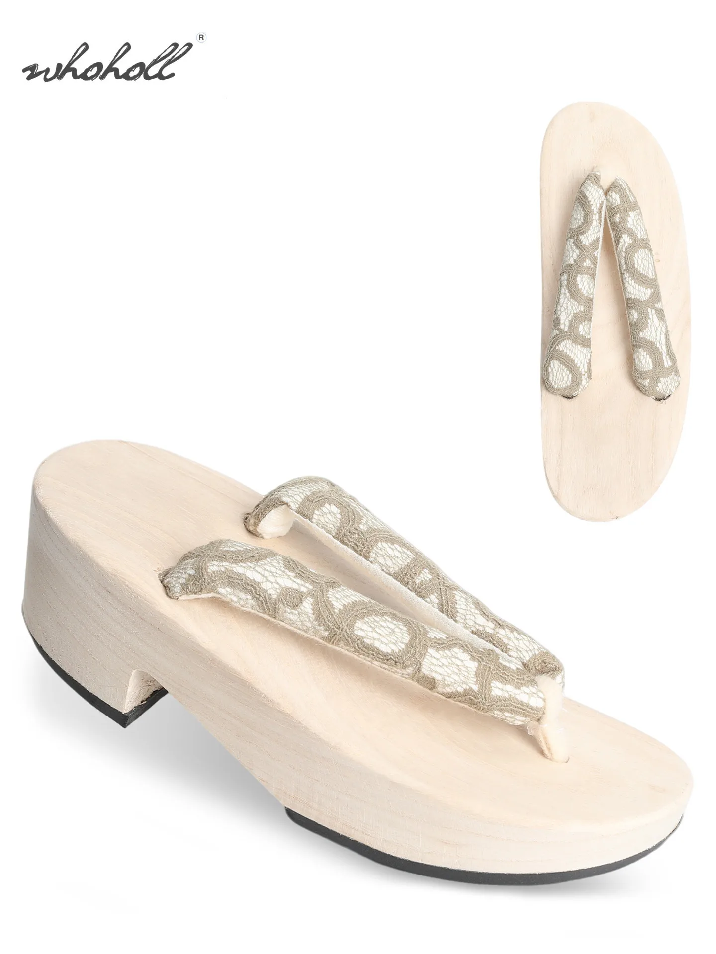 2026 New Japanese Geta Women's Wooden Clogs Lace Half-moon High-heeled Wedge Thick-soled Slippers Versatile Women's Flip-flops