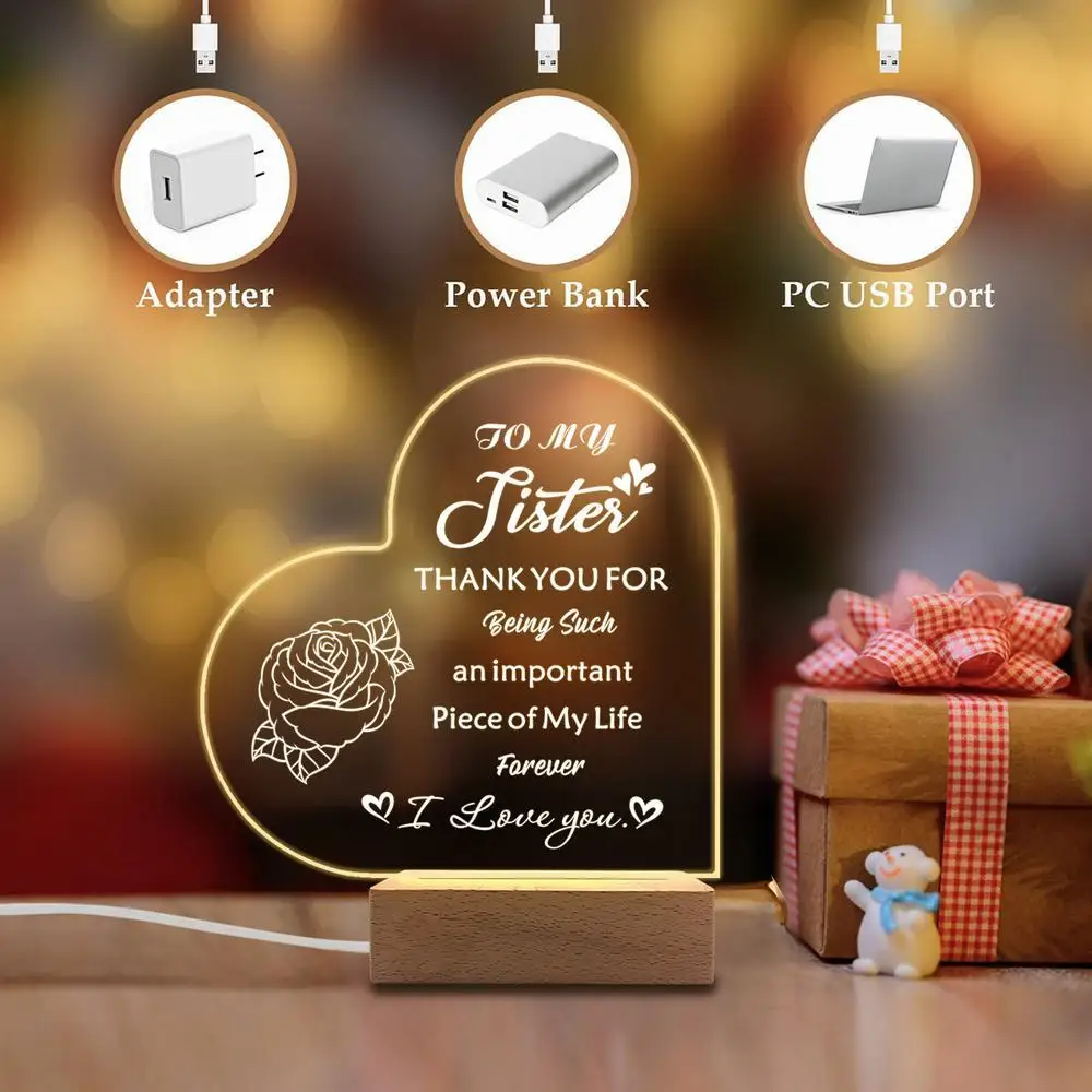 1 peça acessórios de fotografia de exibição luminosa acrílica, base USB, presente de irmã, estatuetas eu te amo