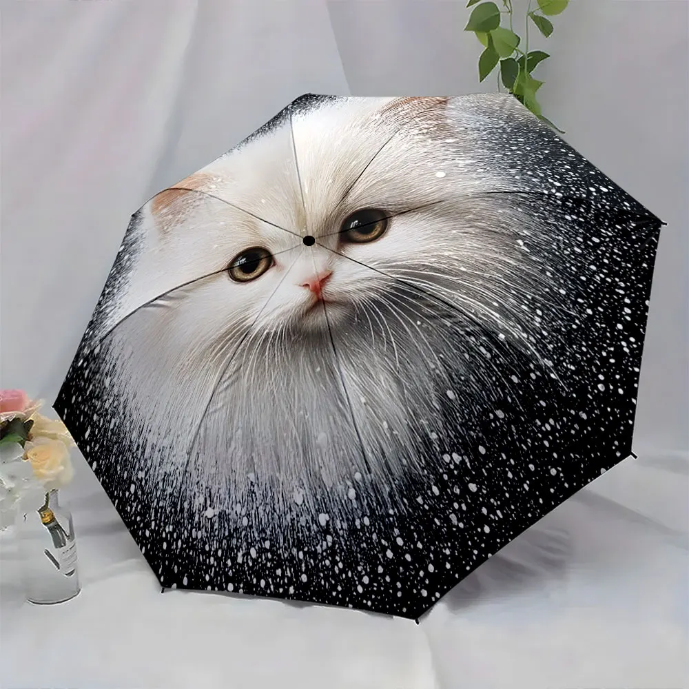 1PC Adorable Cat Design on Umbrella Adds Whimsy Indoors Print 8 Iron Ribs Folding Umbrella Auto-Open Fashion Sunshade