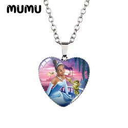 2024 New The Princess and the Frog Heart Necklace Tiana Glass Printed Photo Pendant Handmade Jewelry Gifts Children