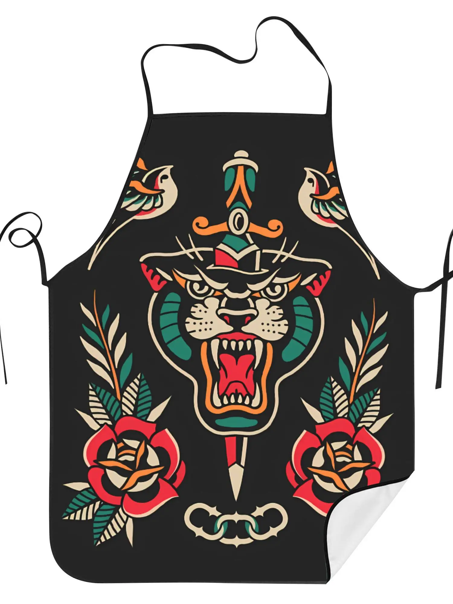 Traditional Tiger Rose Tattoo Apron Old School Style Kitchen Cooking Baking Gift For Men Ink Lover Chef Wear Bold Design