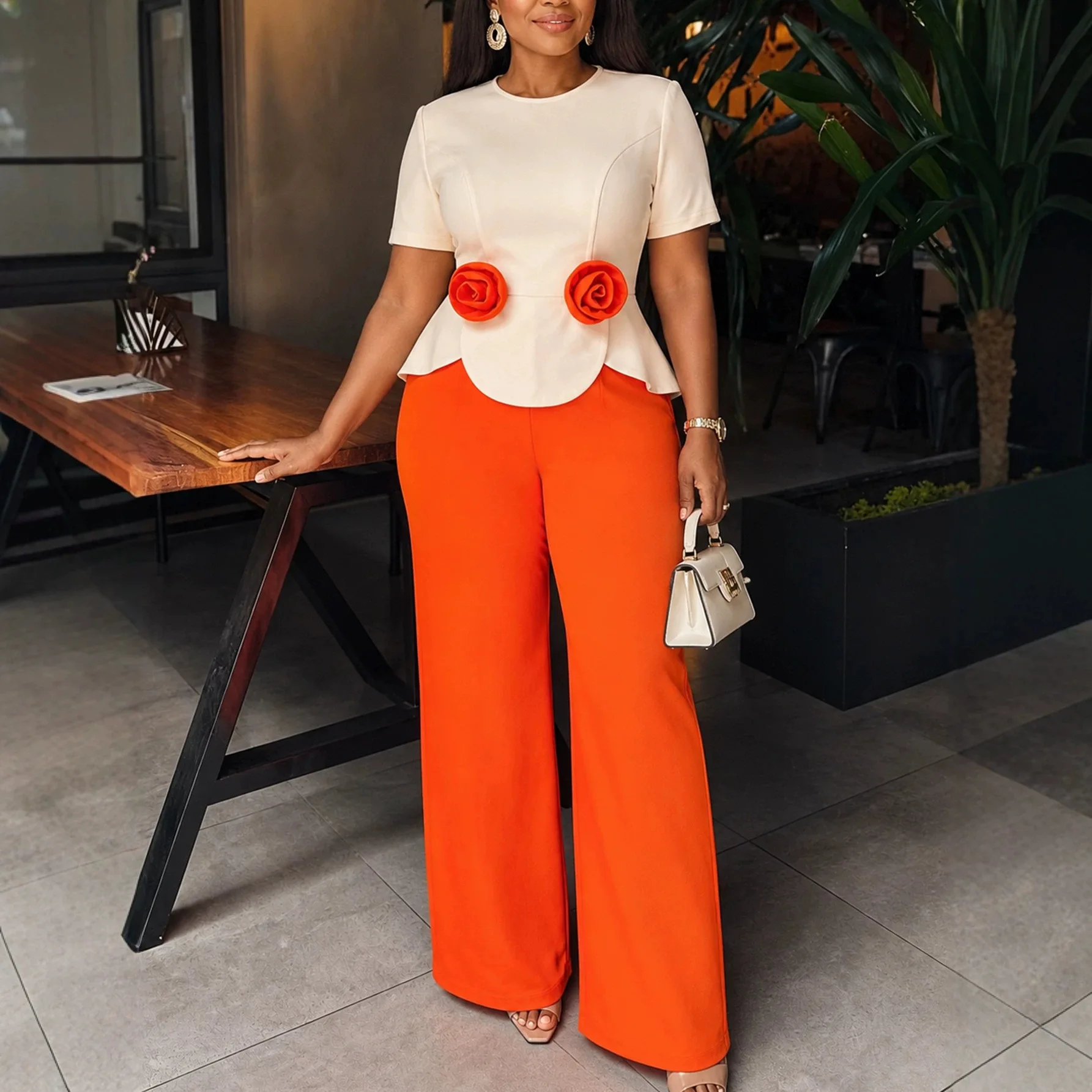 New Style Color-blocked Jumpsuit With Ruffled Hem And Three-dimensional Floral. Design, Slimming Straight-leg Jumpsuit Y2k、 Sexy
