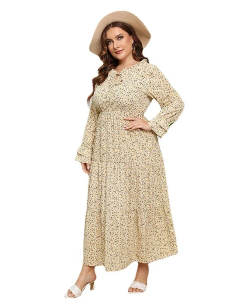 Plus Size Autumn Chiffon Floral Long Dress Women Flower Print Fashion Ruffle Pleated Ladies Dresses Long Sleeve Woman Dress 2023