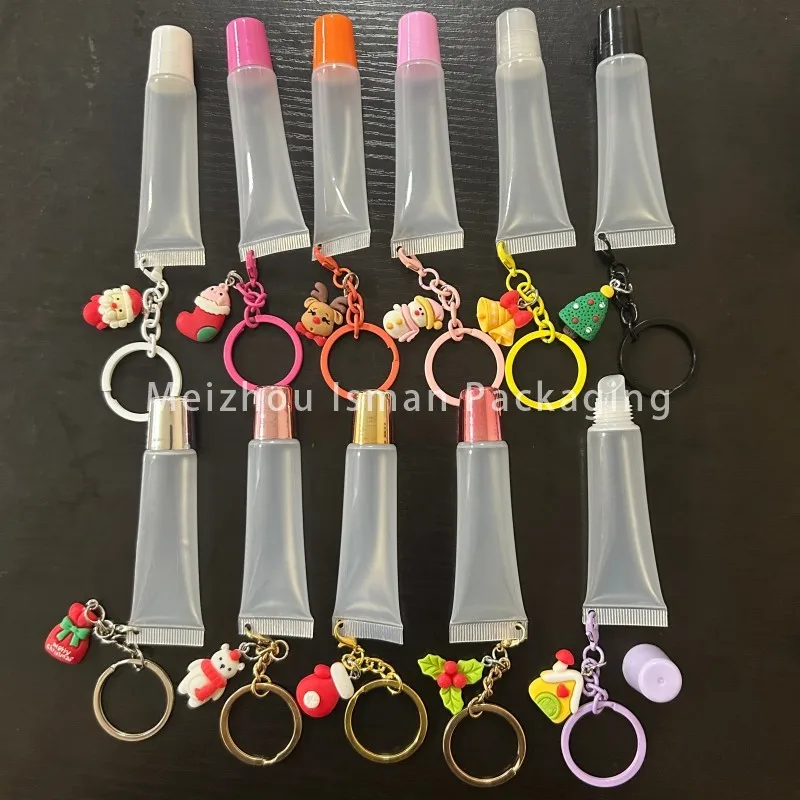 50Pcs Leere 15ML Leere Weihnachten Rosa Lip Gloss Squeeze Kosmetische Lippenstift Lip Balm Verpackung Lip Gloss Rohr Mit nette Schlüssel Kette