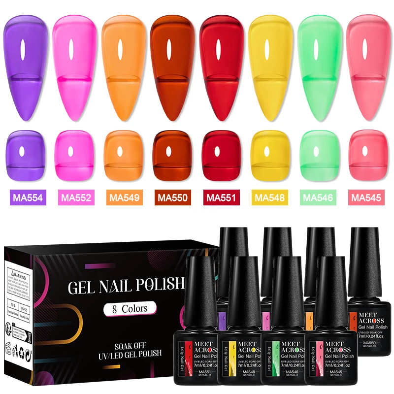 MEET ACROSS 8 Teile/schachtel Gelee Gel Nagellack Set Gelee Grün Rosa Orange Candy Farbe Gel Transparent Nail art Lack Nägel