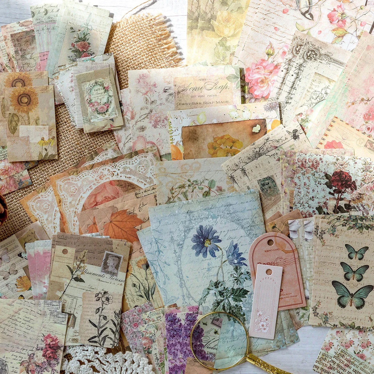 Journamm 100pcs/pack Vintage Scrapbooking Light Paper Kit DIY Junk Journal Collage Stationery Background Decor Materials Paper