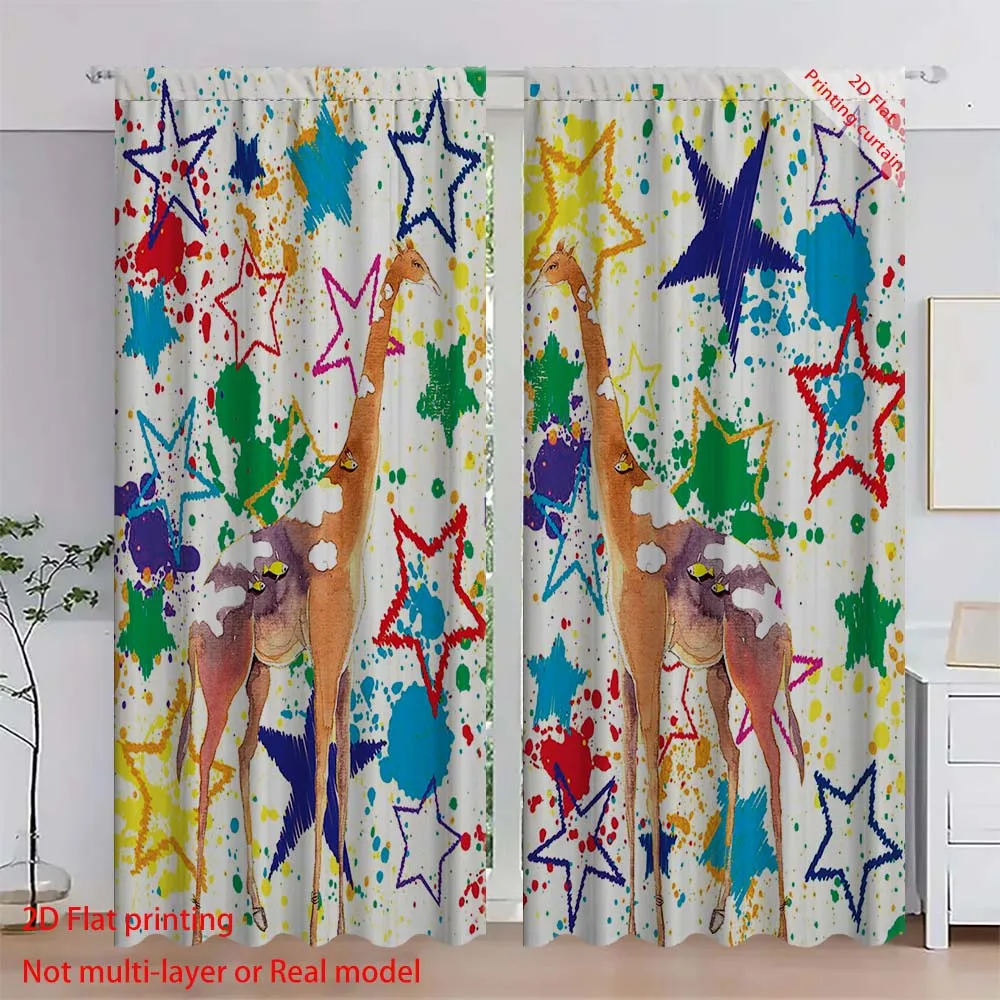 Watercolor Giraffe Star Patterned Curtains 2-Pack Home Decor Sunshades for Bedrooms Living Rooms And Offices