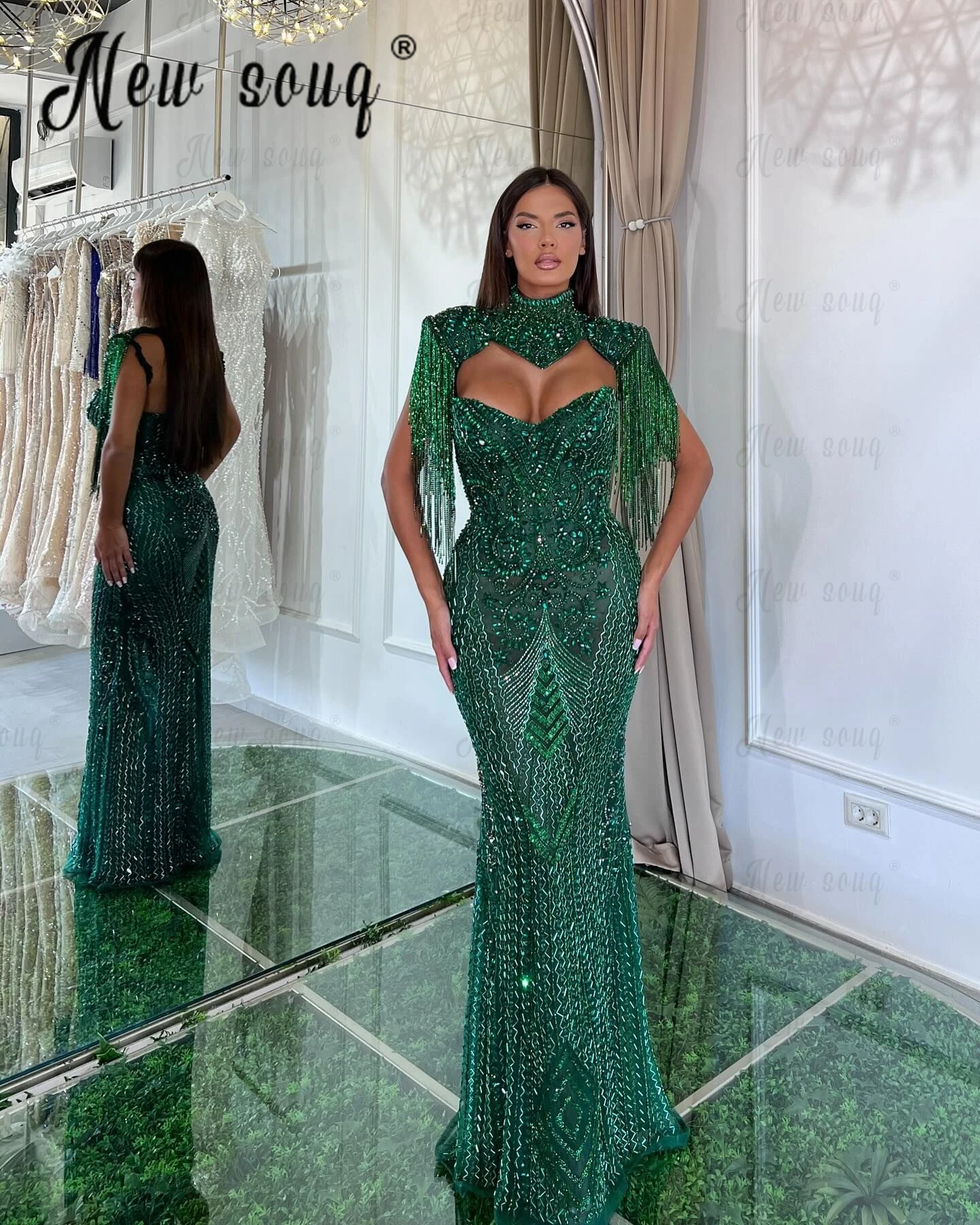 Impresionante vestido de noche con cuentas verde esmeralda para mujer, borla, lujo, sirena, vestidos de fiesta de boda, vestido de compromiso, 2 piezas