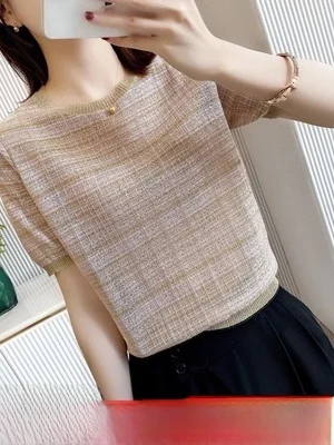 

Вязаная футболка в полоску из ледяного шелка, женская брендовая футболка ort Sve, дизайн Tagl, повседневный удобный дышащий летний топ