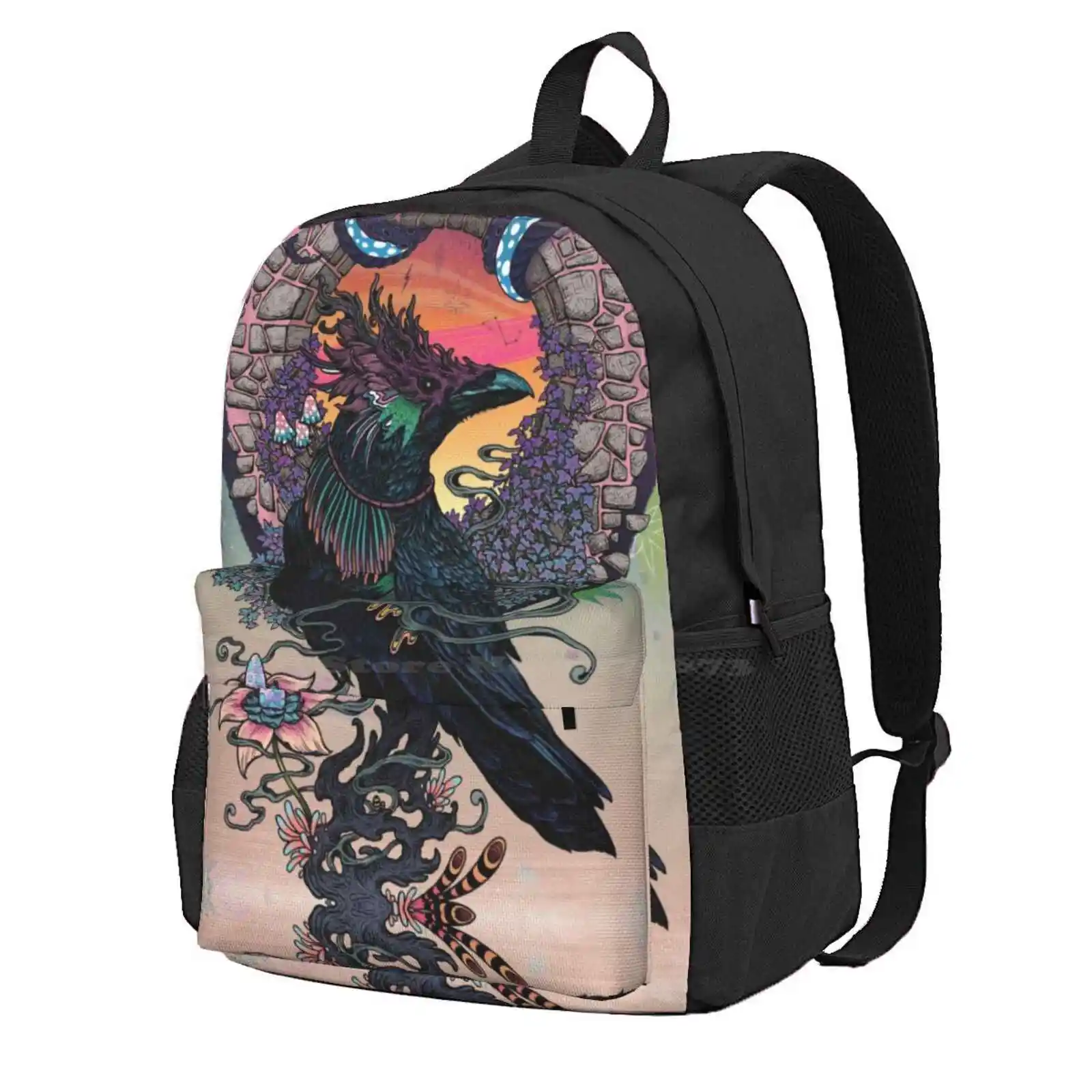 Oracle Hot Sale Schoolbag Backpack Fashion Bags Crow Raven Psychedelic Occult Magic Weed Bird Animals Fantasy