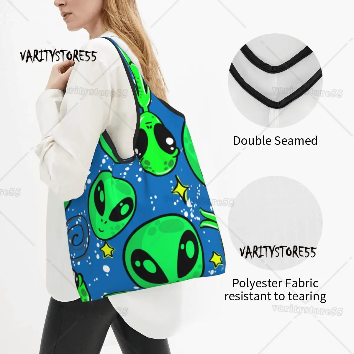 Bright Seamless Alien Reusable Shopping Grocery Bags Foldable 50LB Weight Capacity Eco Bag Eco-Friendly Durable