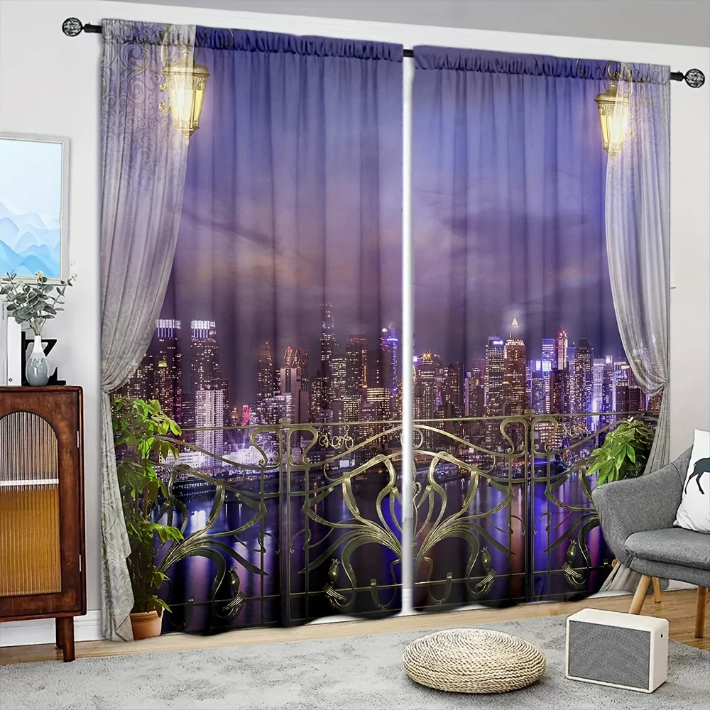 City Balcony View Curtains, Romantic Night Skyline Graphic Window Drapes, 3D Scenery Decor, Blackout Fabric for Bedroom