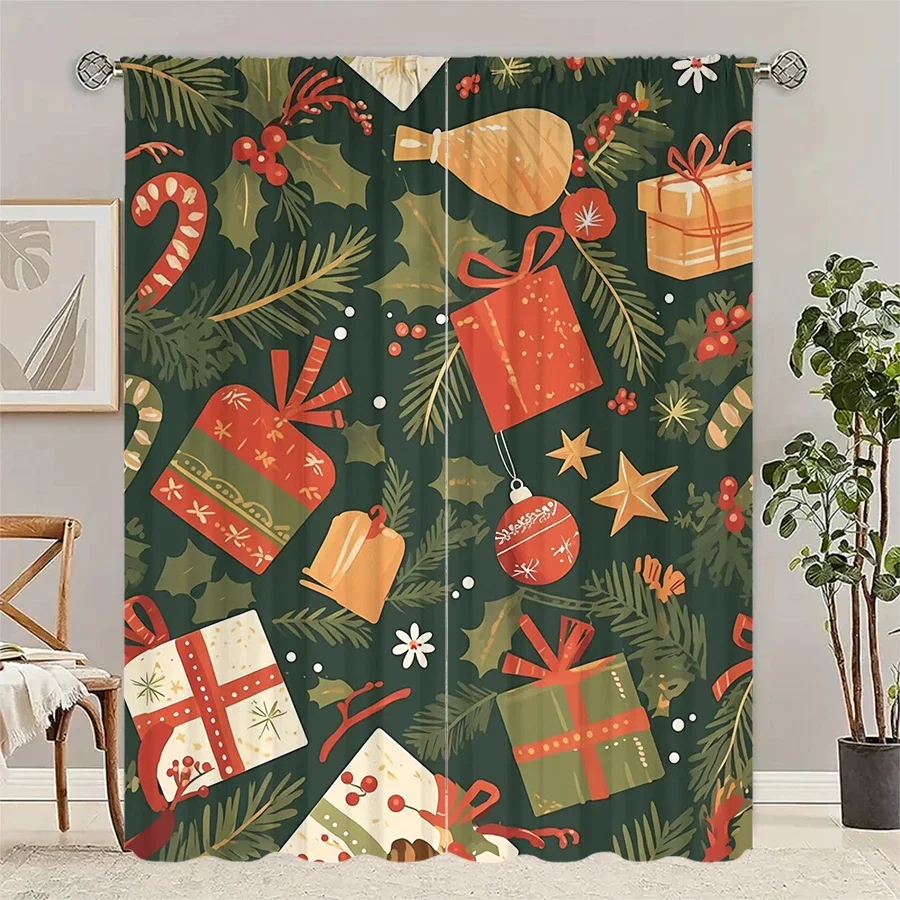 Christmas gift box printed curtains, pole bag curtains, Christmas decorations, daily home decorations, room decorations