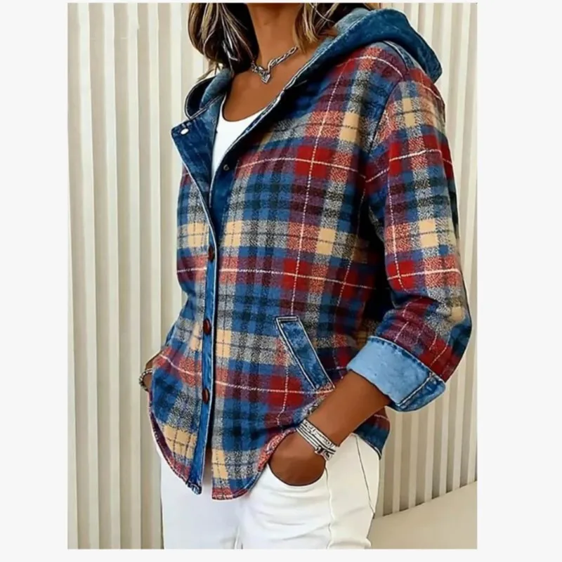 Y2K Clothes Hoodies New Plaid Print Hooded Sweatshirts Woman Retro Patchwork Button Top Cardigan Autumn Long Sleeve Coat Jackets