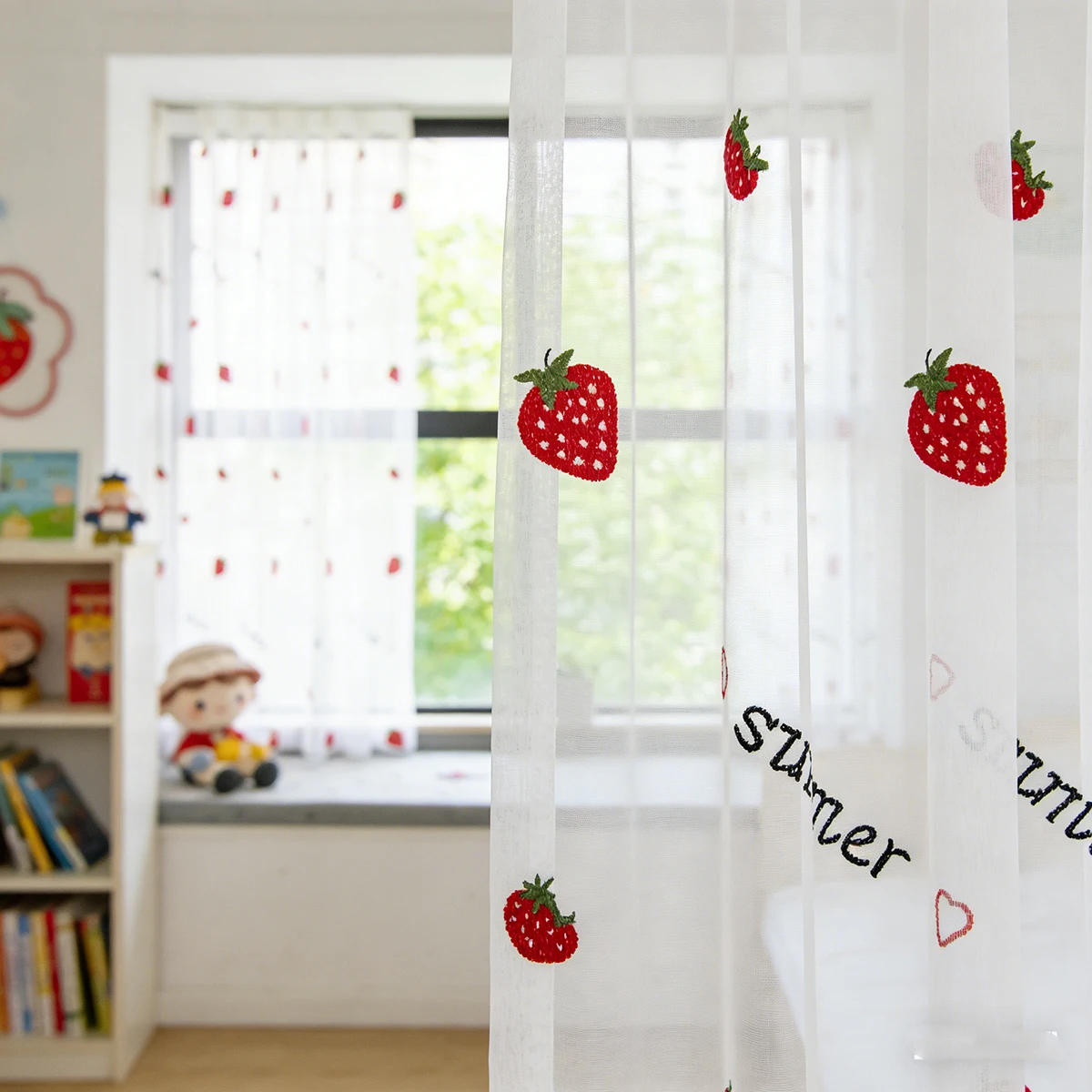 Cartoon Cute Sweet Fruit Strawberry Embroidered Tulle Curtains For Kids Room Transparent Sheer Bedroom Drapes Home Decoration