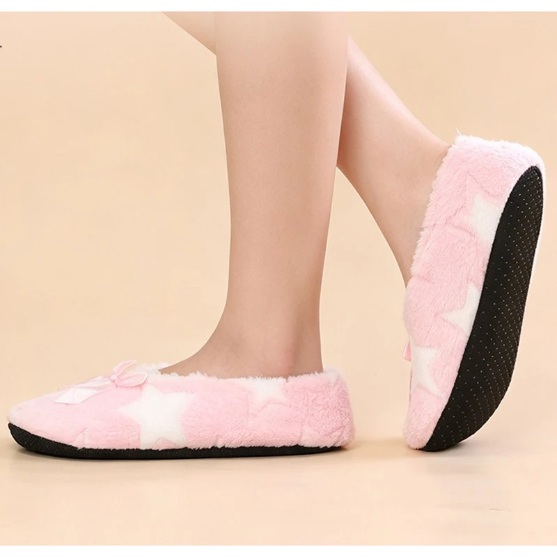 House Fluffy Slipper Women Winter Plush Grip Soft Cute Funny Indoor Star pentagram Home Shoes Female hairy warm Fuzzy Bow Knot
