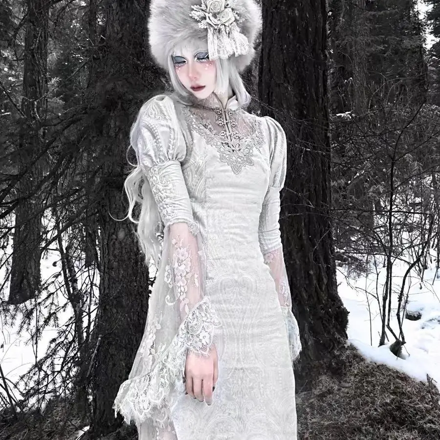 Original Gothic Velvet Fi Tail Qipao Dr loween Snow Country's Call Embroidered A-Line Skirt Long Sve Korean Sle