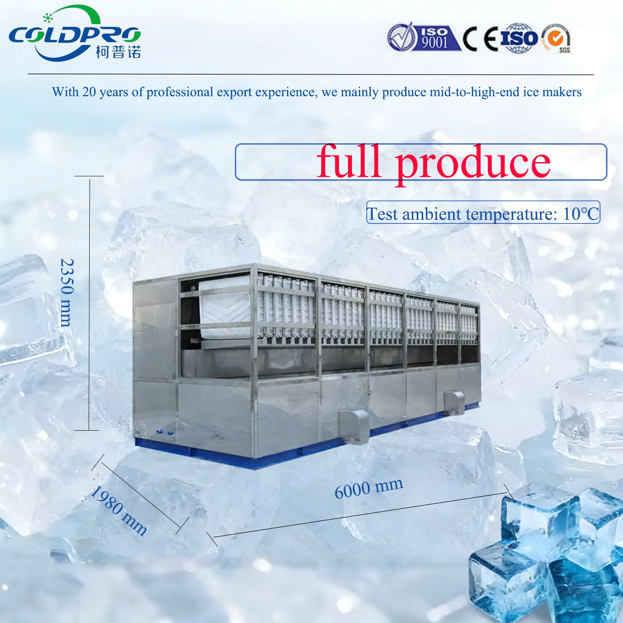 15 Ton/Day Industrial Cube Ice Machine | 39x39x22cm Nickel-Plated Copper Ice Mold For Food Processing Slaughterhouse Application
