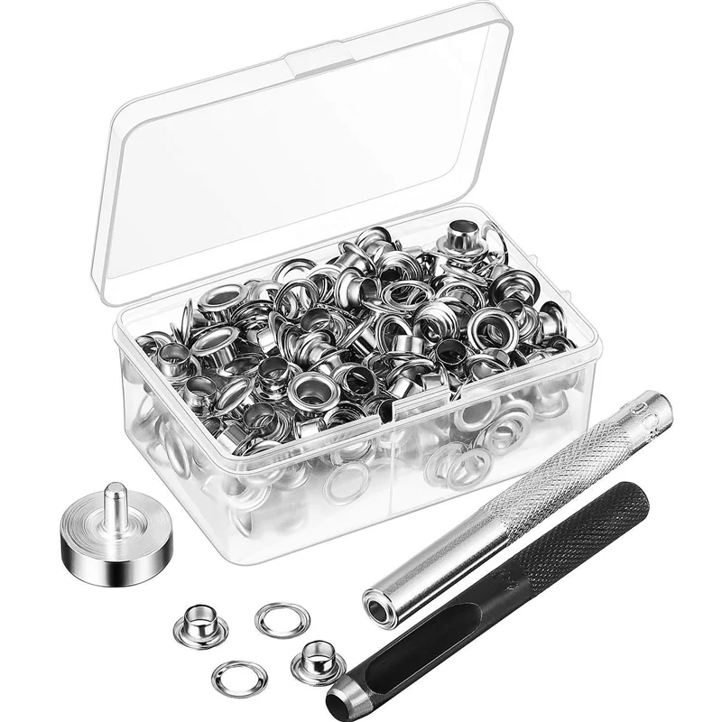 100Pcs Metal Eyelets Set 6mm Grommet Rings Kit with Mounting Punch Rod for DIY Accessories Leather Craft Clothing Repair