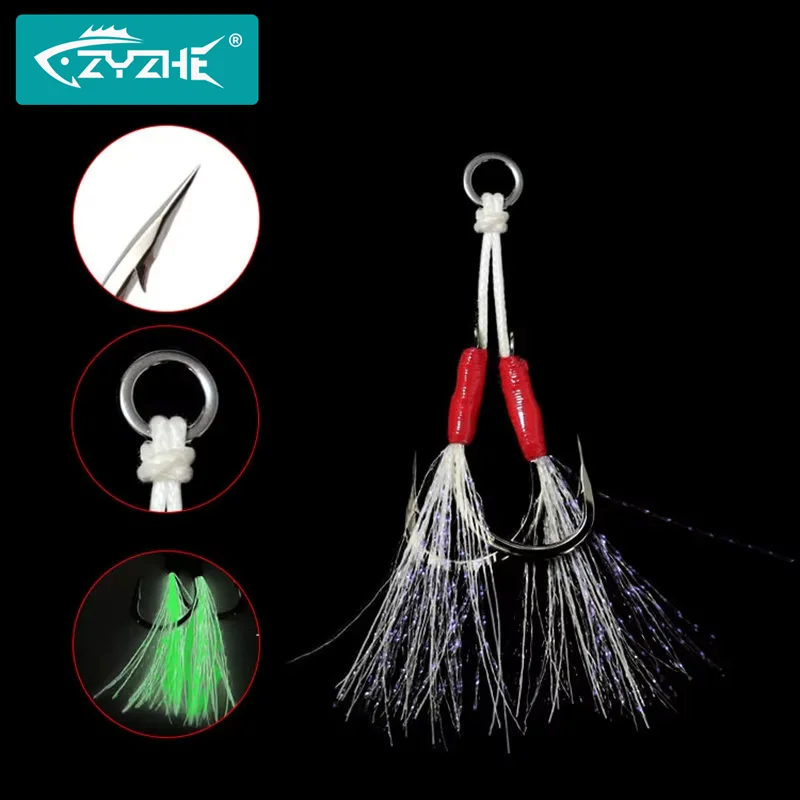 

ZYZ 2pcs/Lot Fishing JIG Assist Hook High Carbon Steel Double Hook Luminous Feather Sea Fishing Lure Accessories Tackle