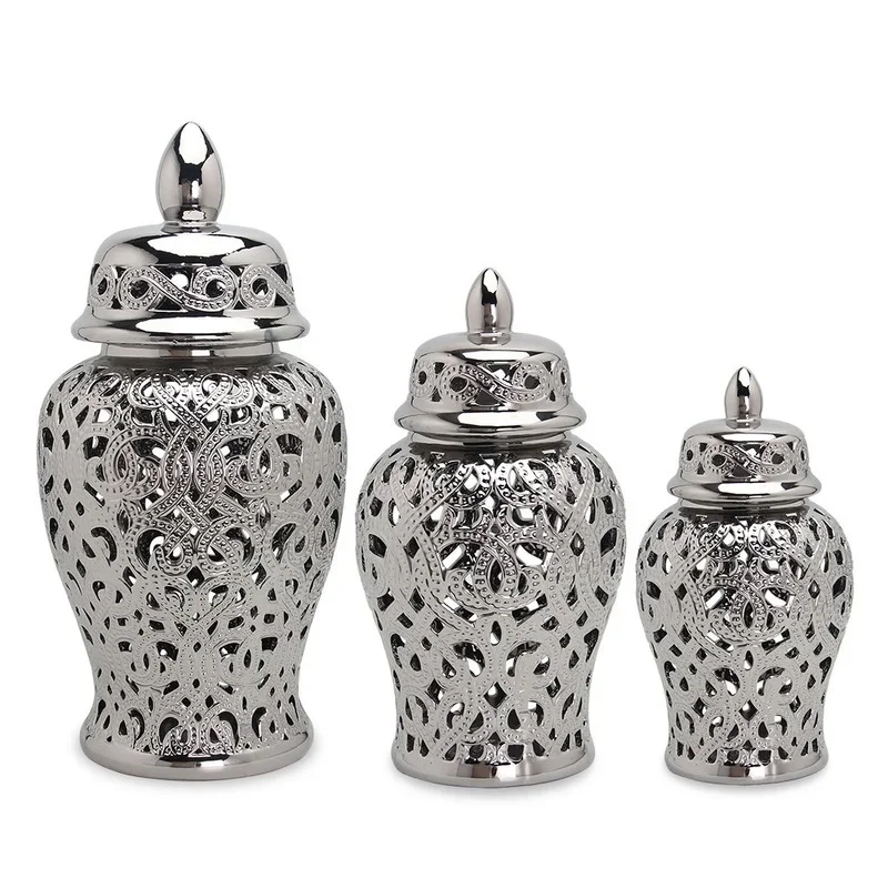 

Chinese Hollow Ginger Pot Silver-plated Handicraft Ornament Dried Flower Flower Arrangement Accessories Decorative Storage Tank