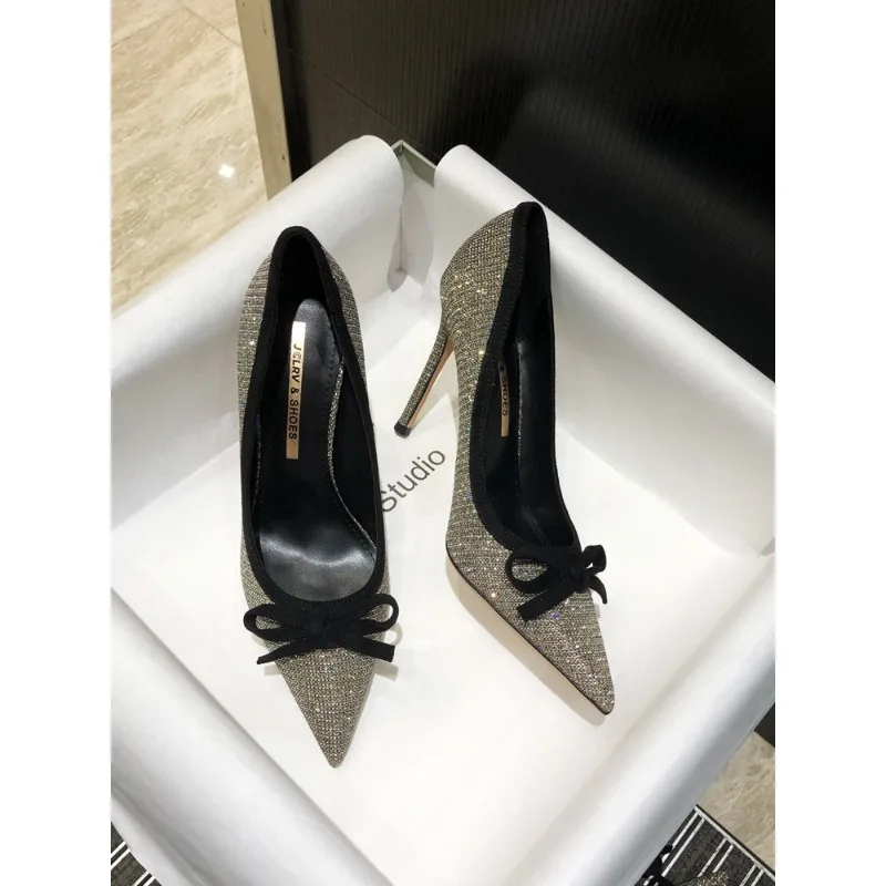 

2025 new crystal slim heel high heels for women, pointed French socialite temperament butterfly bow single shoes, shallow mouth