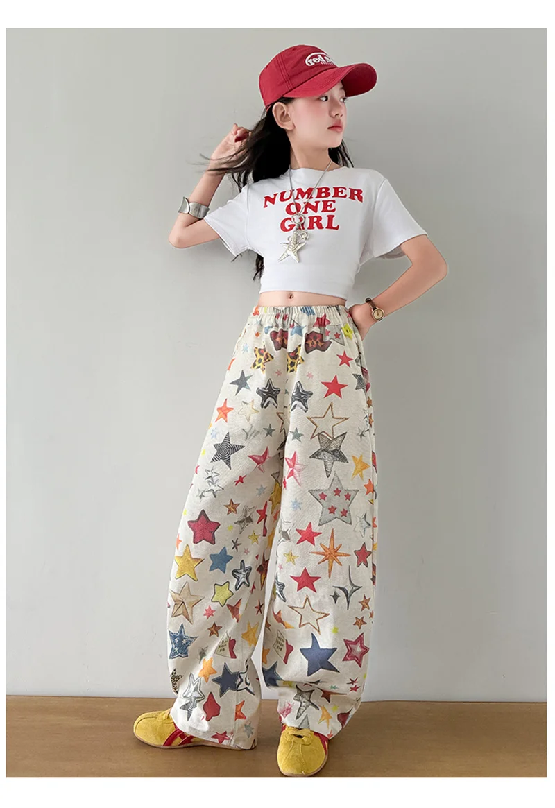Hosen für Mädchen mit modischem Sternmuster-Print, weit geschnittene Hosen, Sommer 2026, lässige, lockere Hosen, hochwertige Teenager-Jogginghosen – Detail 7