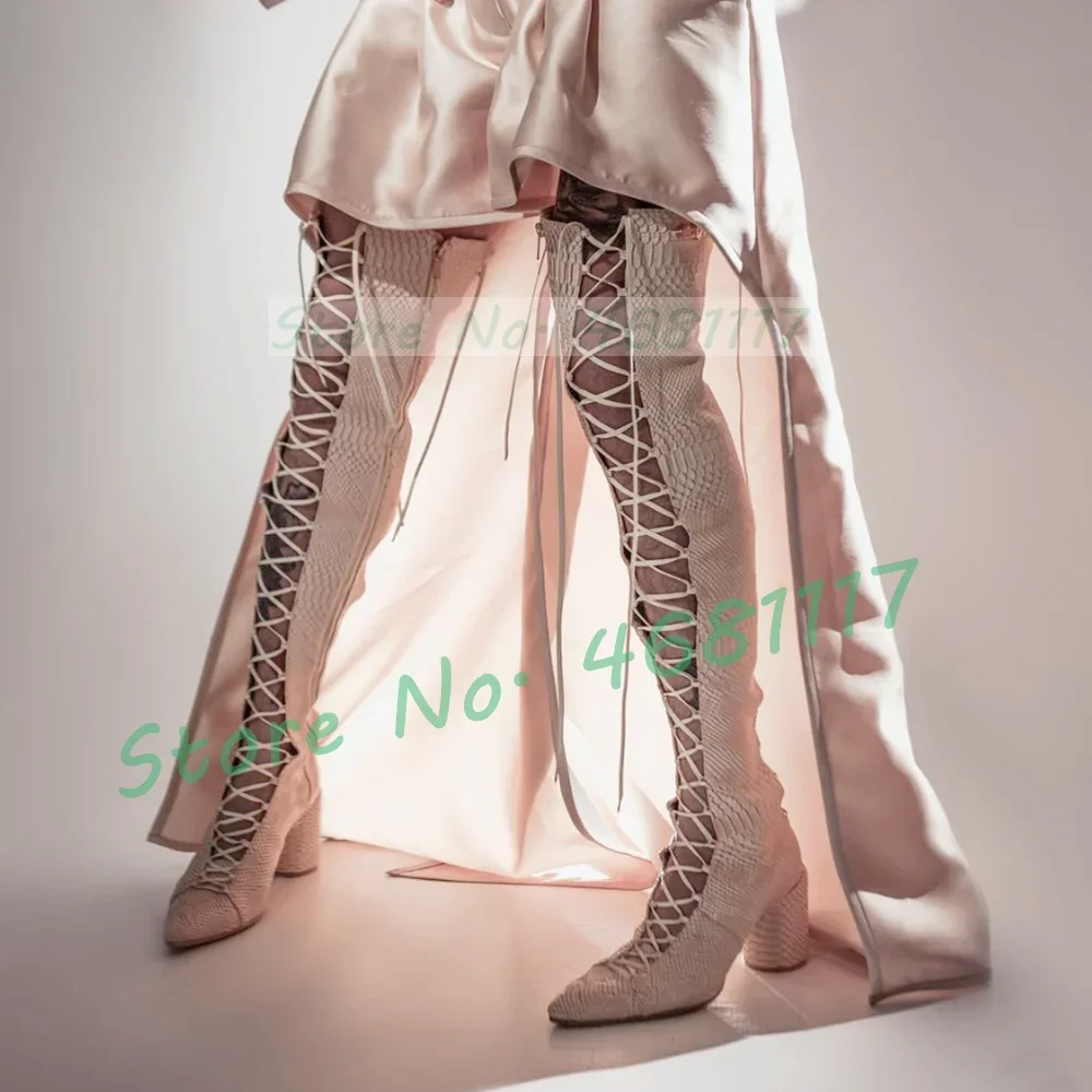 

White Snake Print Thigh High Boots Women Sexy Cross Tied Pointed Toe Block Mid Heels Tall Boots Ladies Streetwear Dress Shoes
