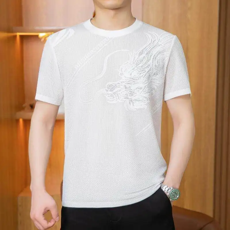Summer New Ice Silk Thin Short Sleeve T-Shirt Men's round Neck Half Sleeve Versatile Print Body Shirt Bright Thread Polyester...
