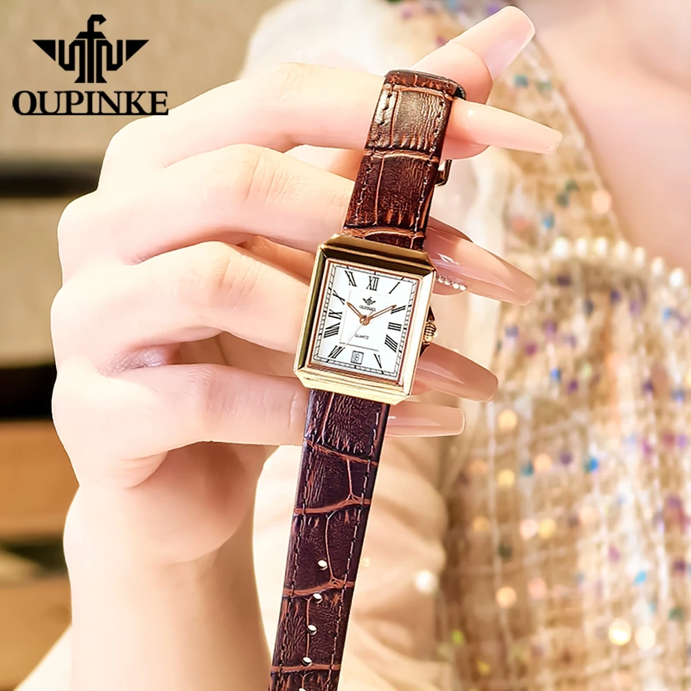 OUPINKE 3182 Womens Watch Luxury Elegant Automatic Mechanical Watch﻿ 50M Waterproof Leather Strap Date Square Watches For Woman