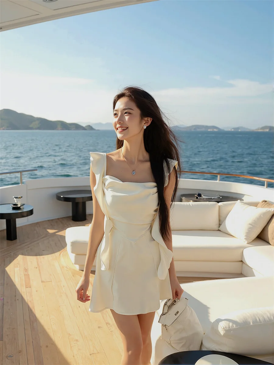 Vestido de mujer elegante para fiesta, estilo princesa fruncido, abertura lateral, abertura alta, corte recortado, agujeros calados, Sexy