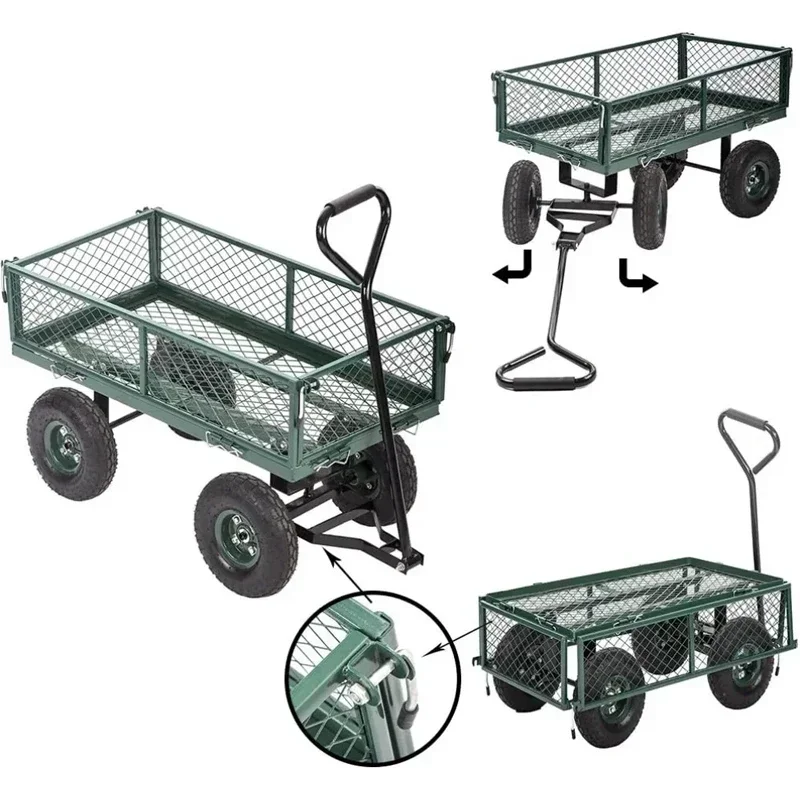 Niestandardowa 4-kołowa ciężarówka ogrodowa z obrotowym uchwytem Siatka stalowa Yard Garden Crate Wagon Wózek ogrodowy