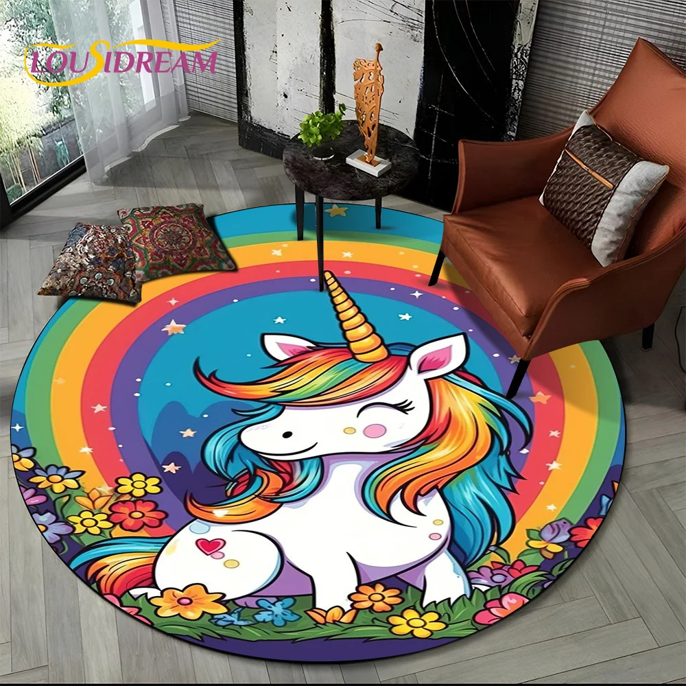 3D Cute Unicorn Cartoon Girl Gift Round Carpet Rug for Living Room Bedroom Child Playroom Decor,Pet Area Rug Non-slip Floor Mat