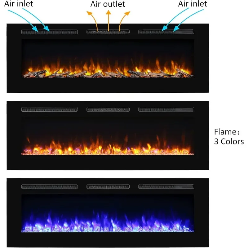 PuraFlame Alice 60 Inches Recessed Electric Fireplace, Flush Mounted for 2 X 6 Stud, Log Set & Crystal, 1500W Heater