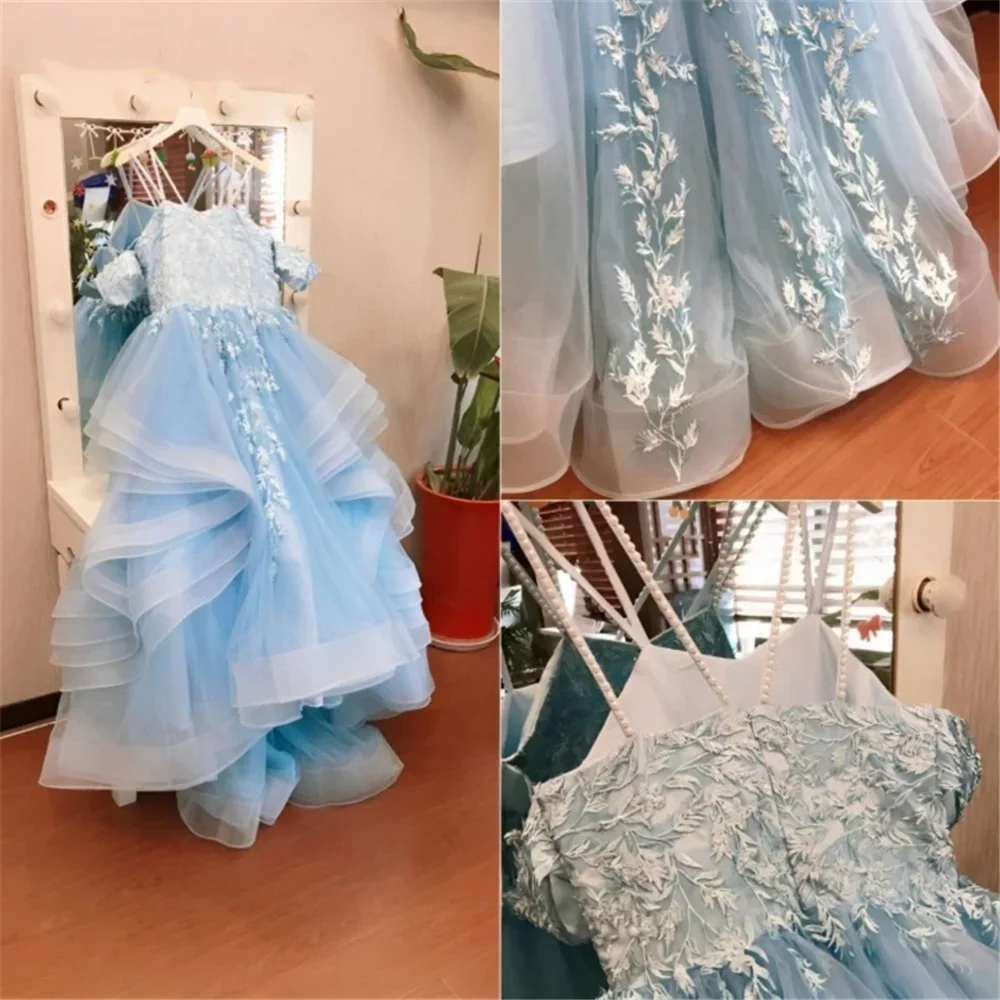 Customised Flower Girl Dress Sleeveless Wedding Kids Birthday Party Banquet Princess Tulle Tiered Flory Pattern Tailing Gowns