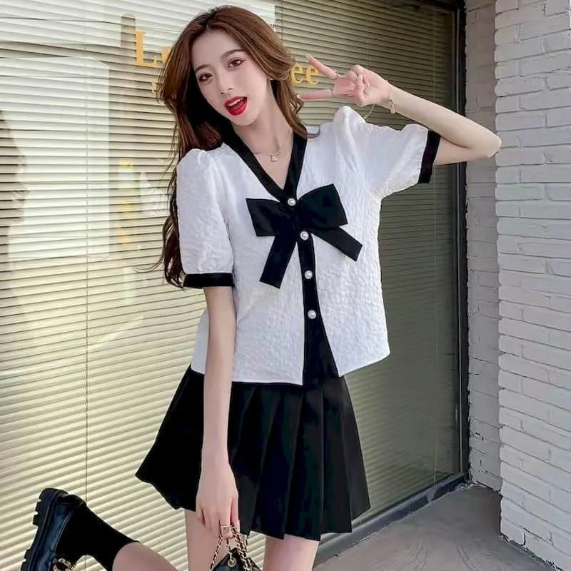 

Two Piece Sets Women Outfits bowknot Oversized Sweet Preppy Style Short Sleeve shirt Pleated Skirts Korean Fashion Dress Sets