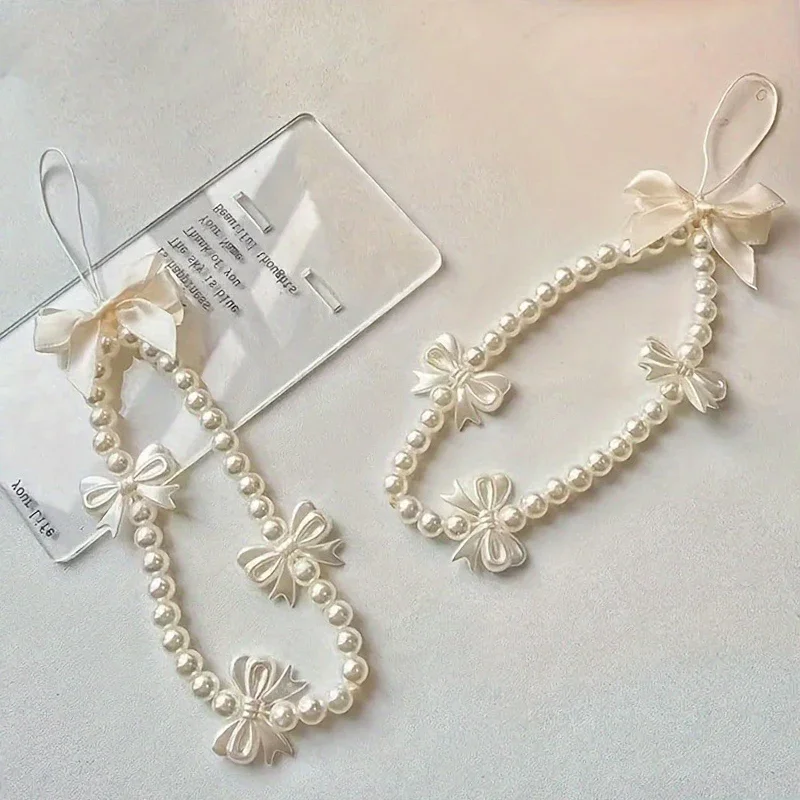 Sweet and Cute Pink Bow Mobile Strap Phone Chains For Women Pearl Chain Phone Pendant Charm Key Anti-Lost Lanyard Jewelry