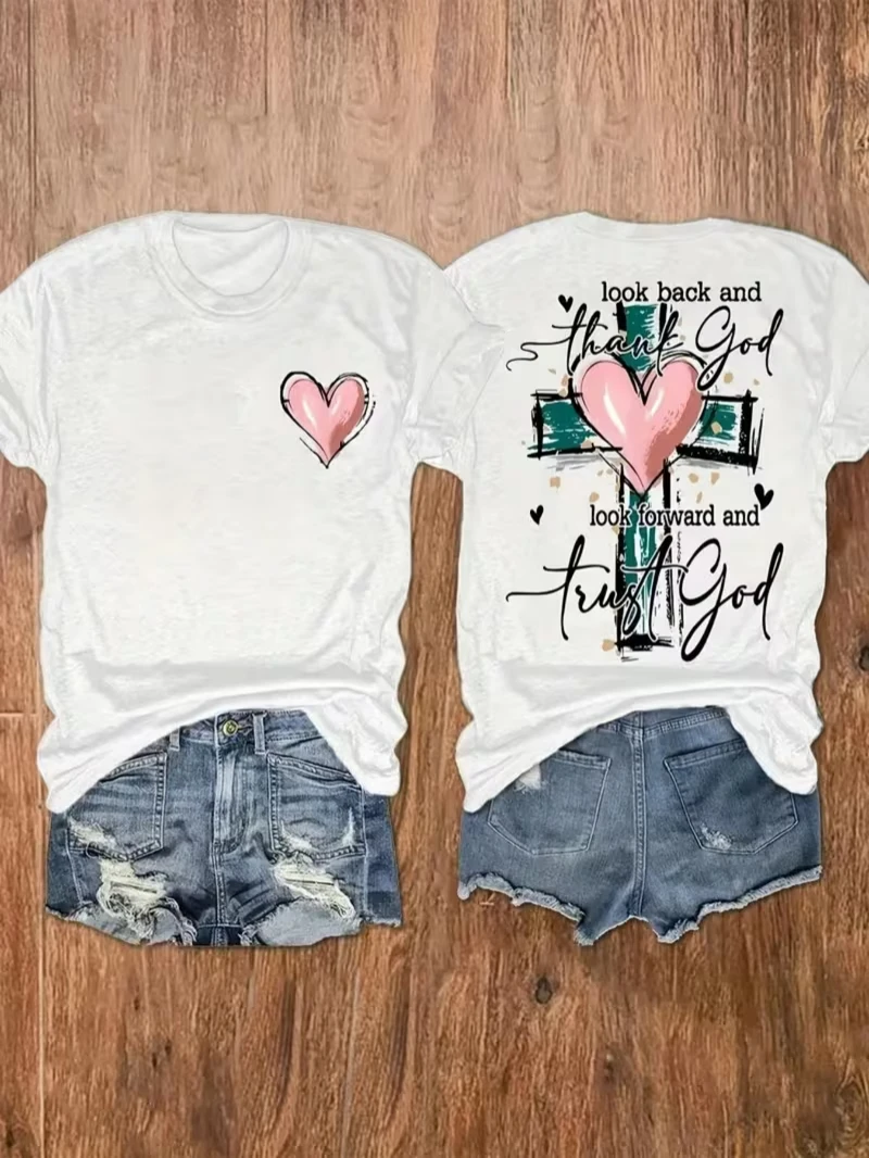 Thank God Print T-shirt Double Sided Cross And Heart Graphic Short Sleeve Tops Women Spring Summer Casual Faith Tee