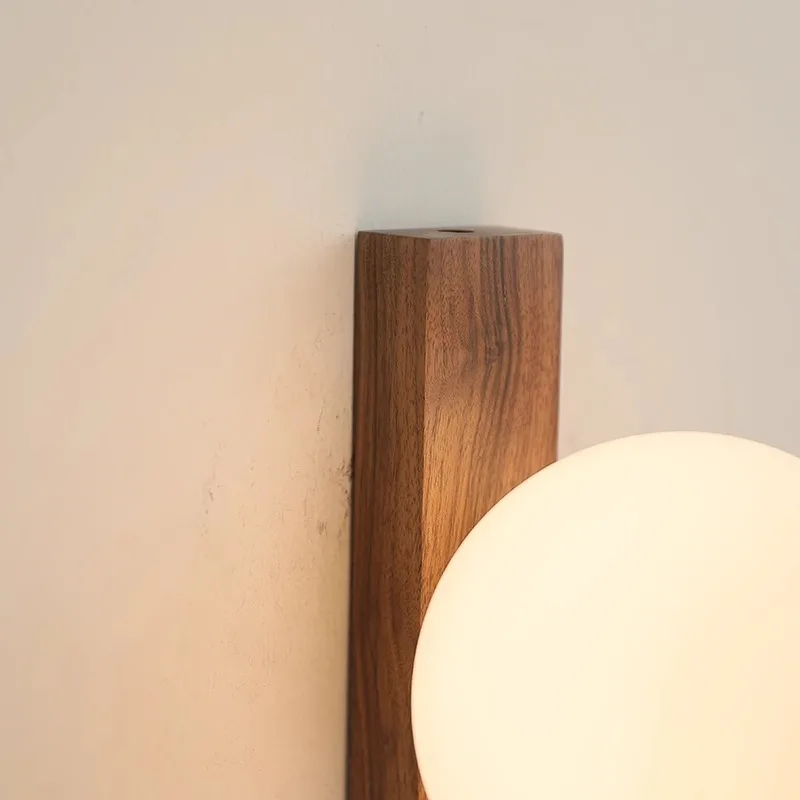 Walnut Wood Milk white Glass Sphere, Wabi-sabi Modern style, Wall light Sconces for Bedroom, Living, Aisle balcony, Bedside