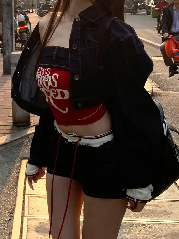 Female Hot Girl Spliced button Zipper Pocket Low Waist Contrasting Waist Denim Shorts