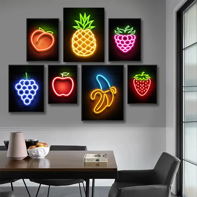 Pineapple Strawberry Banana Peach Fruit Neon Sign Poster Canvas Painting Print Wall Pictures Restaurant Kitchen Bar Room Decor