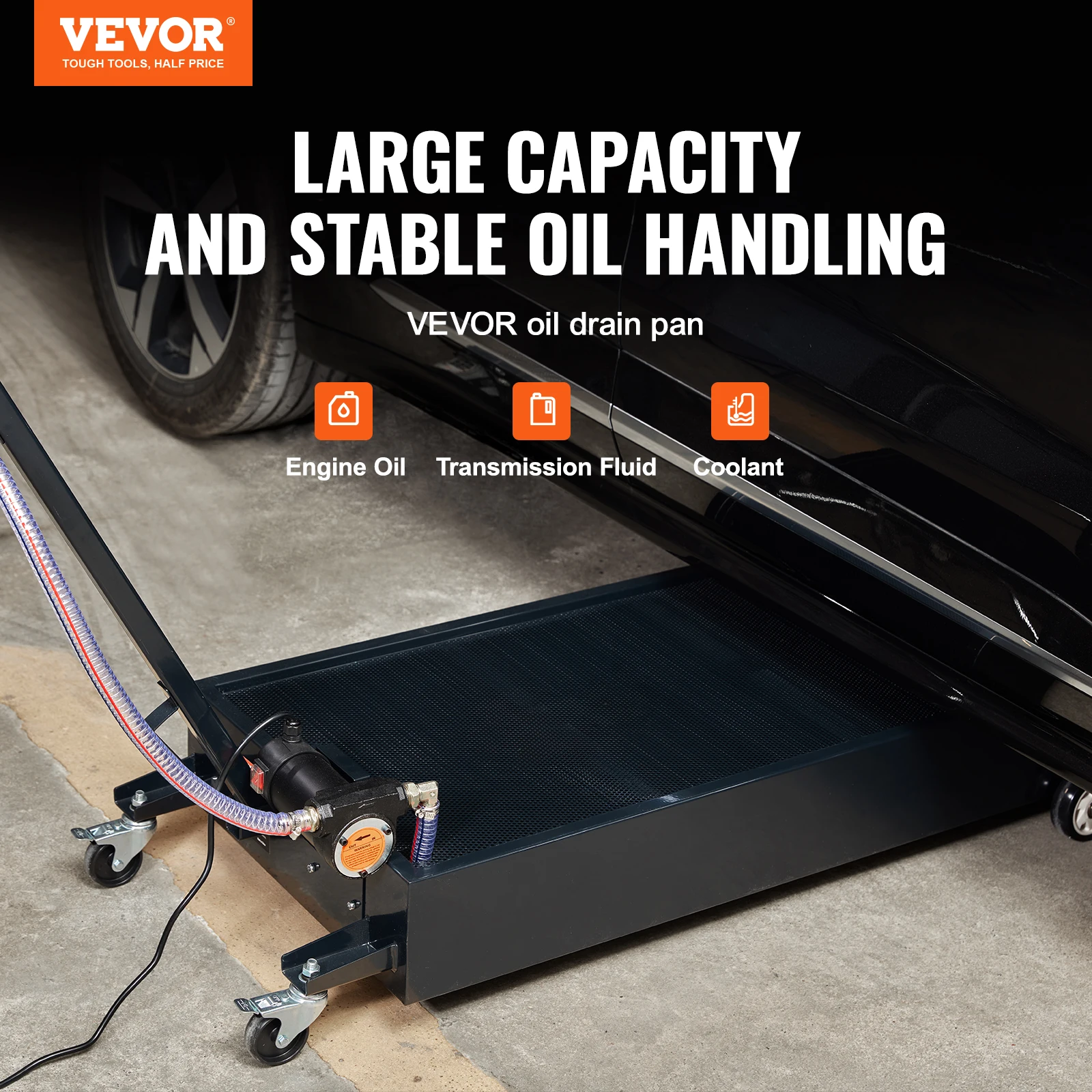 VEVOR 20 Gallon Oil Drain Pan with Pump Oil Change Pan with 180W Electric Pump Rolling Oil Drain Cart for Trucks Buses RVs