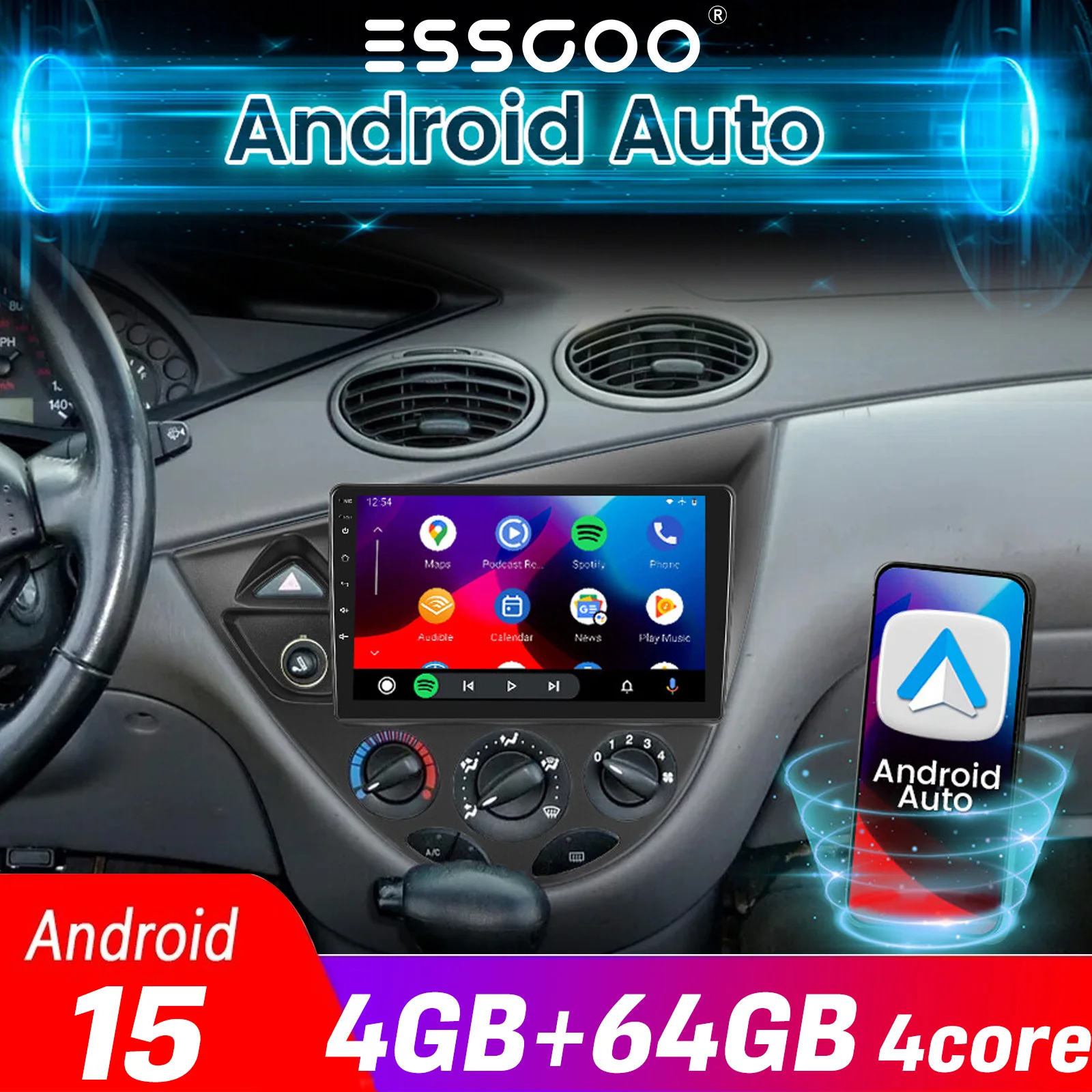 4GB+64GB 2DIN Android 15 Autoradio für Ford Fiesta 1995-2001 Focus MK1 1998-2004, Multimedia, GPS Navigation, Bluetooth, WLAN, ESSGOO