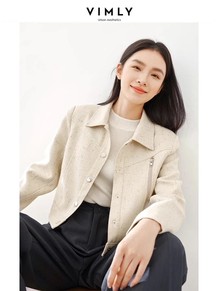 Vimly Light Yellow Fashion Cropped Tweed Jacket 2024 Spring Lapel Straight Single Breasted Long Sleeve Coat for Women M5150